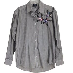 Three Rivers Gingham Check Button‎ Down Shirt Women's Medium Embroidered Flowers